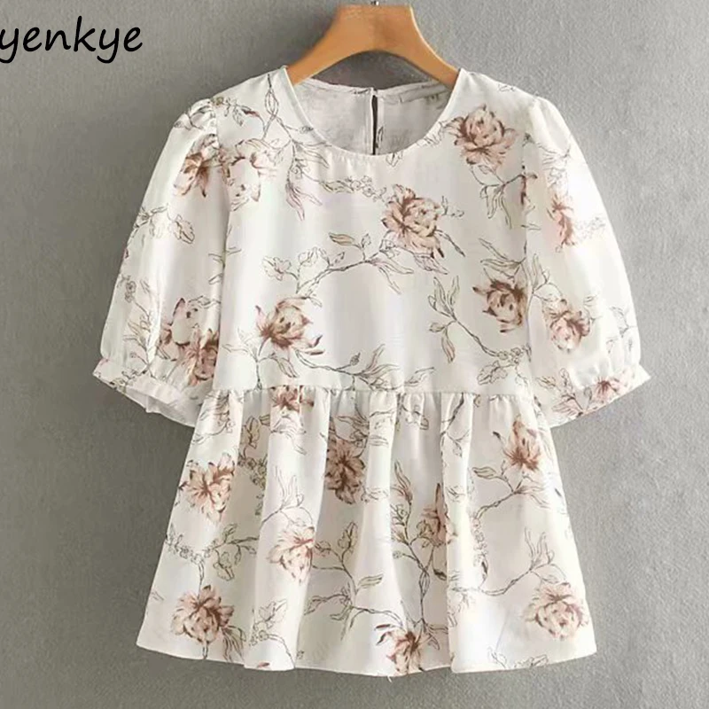 Мода 2019 Женская прерия шик Цветочный принт блузка Femme Круглый вырез короткий