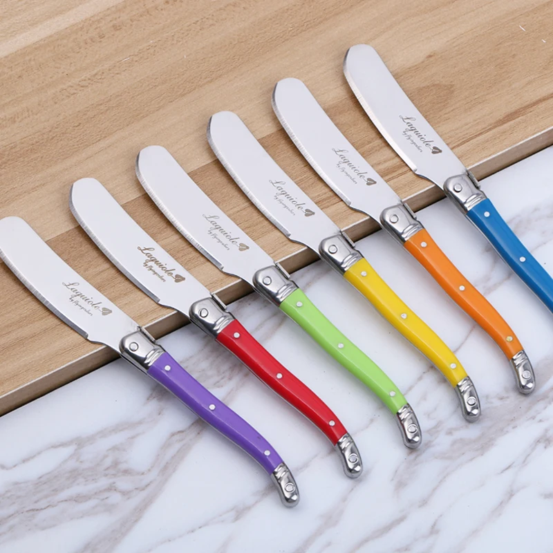 6pcs Laguiole Butter Knife Cheese Spreader Spatula Rainbow Plastic Handle Cheese Sandwich Slicer Stainless Steel Kitchen Utensil
