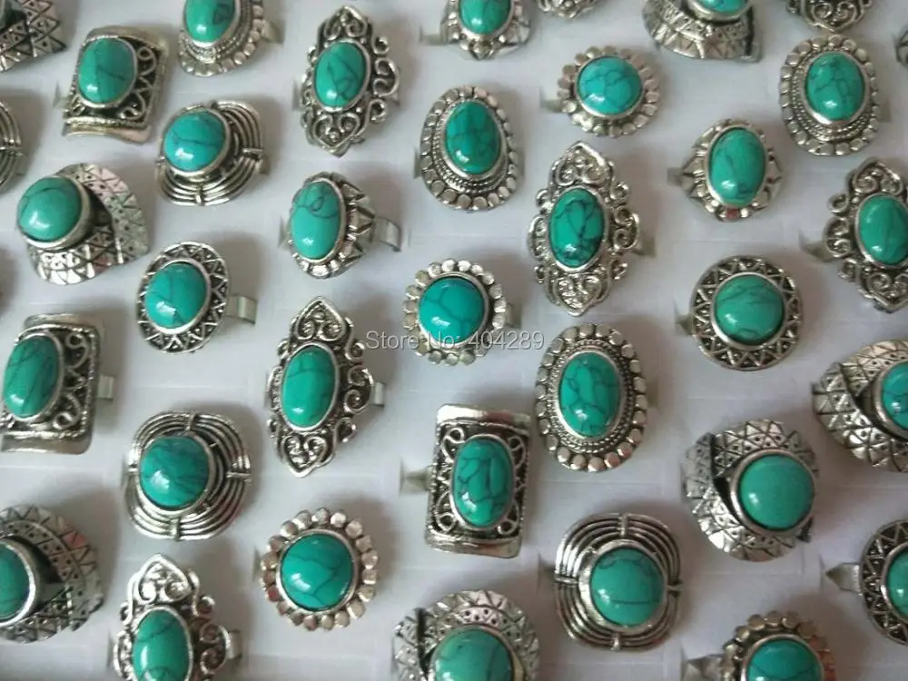 Sprzedaż hurtowa 50 sztuk najwyższej jakości antyczne tybet srebrny turkusowy kamień regulowany pierścień, darmowa wysyłka
