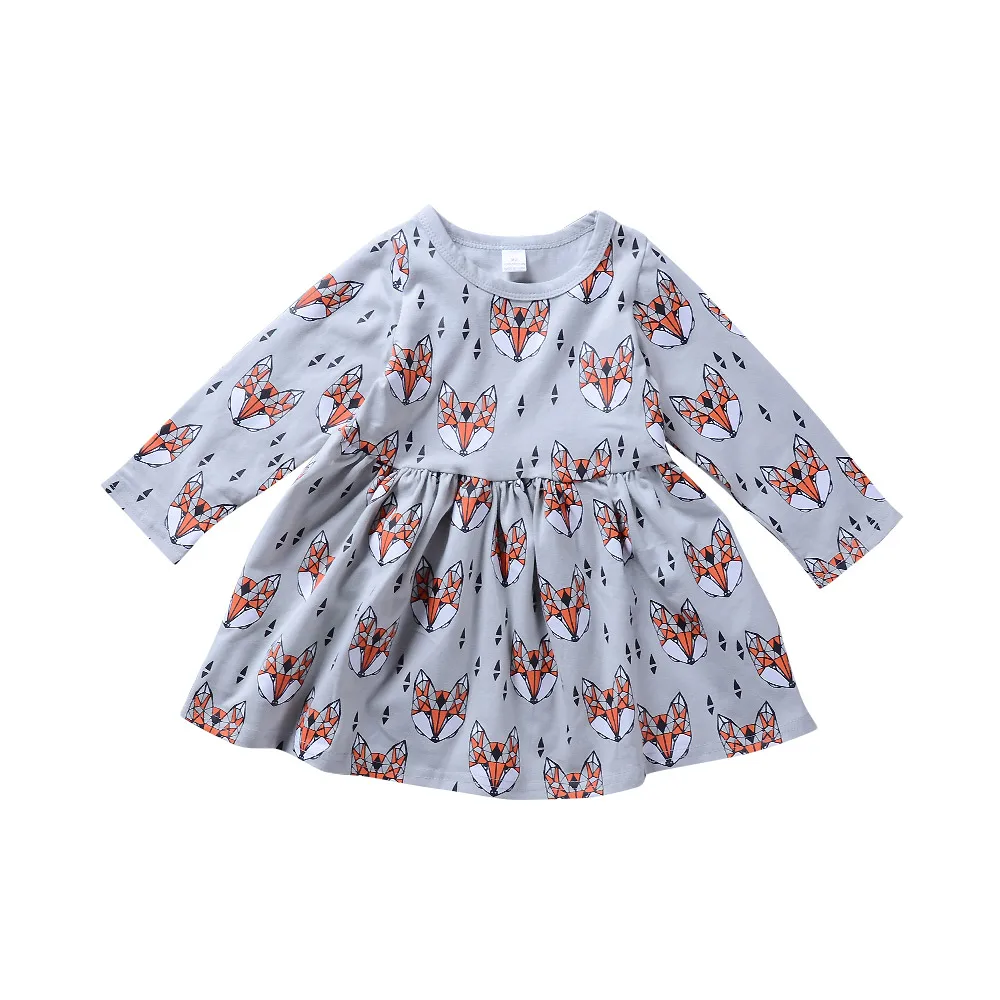 Little Girls Dresses Kleding Meisje Animal Fox Printing Ruched Grey Dress Casual Kids Clothes | Детская одежда и обувь