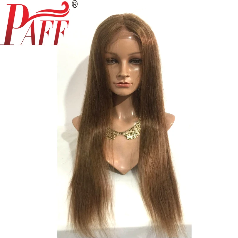 PAFF коричневый цвет бесклеевой полный парик шнурка коричневый remy волосы бразильские шелковистые прямые человеческие волосы парик со средней частью Детские волосы