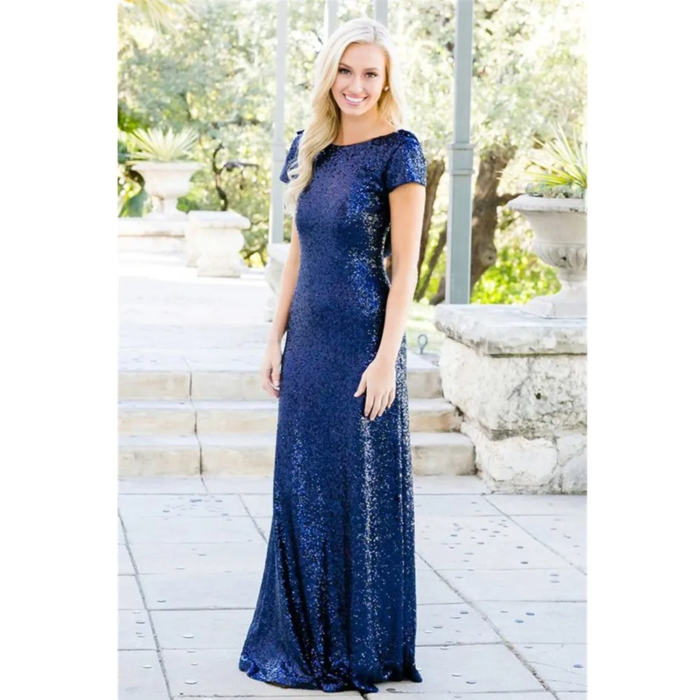 Ярко синий длинный платье подружки невесты русалка с коротким рукавом Блестки