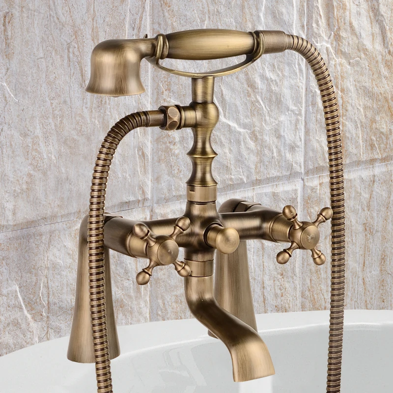 

Deck Mounted Antique Bathtub Faucet Dual Handles Mixer Tap with Hand Shower