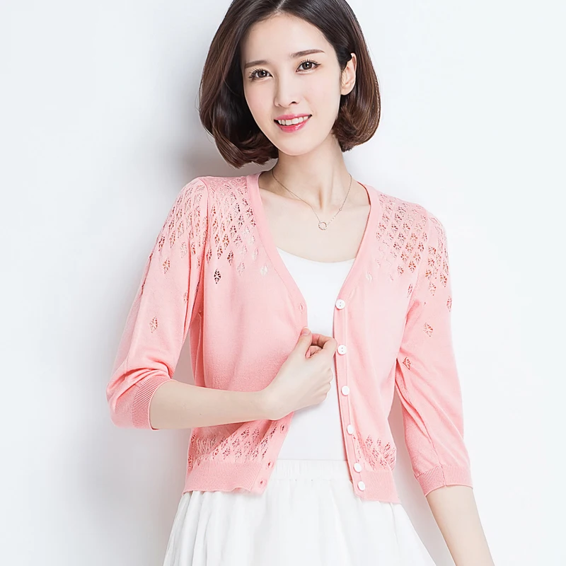 

2020 Summer three quarter Sleeve Cardigan Women Hollow Out Ladies Blouses Sun Protection shirt plus size 2XL
