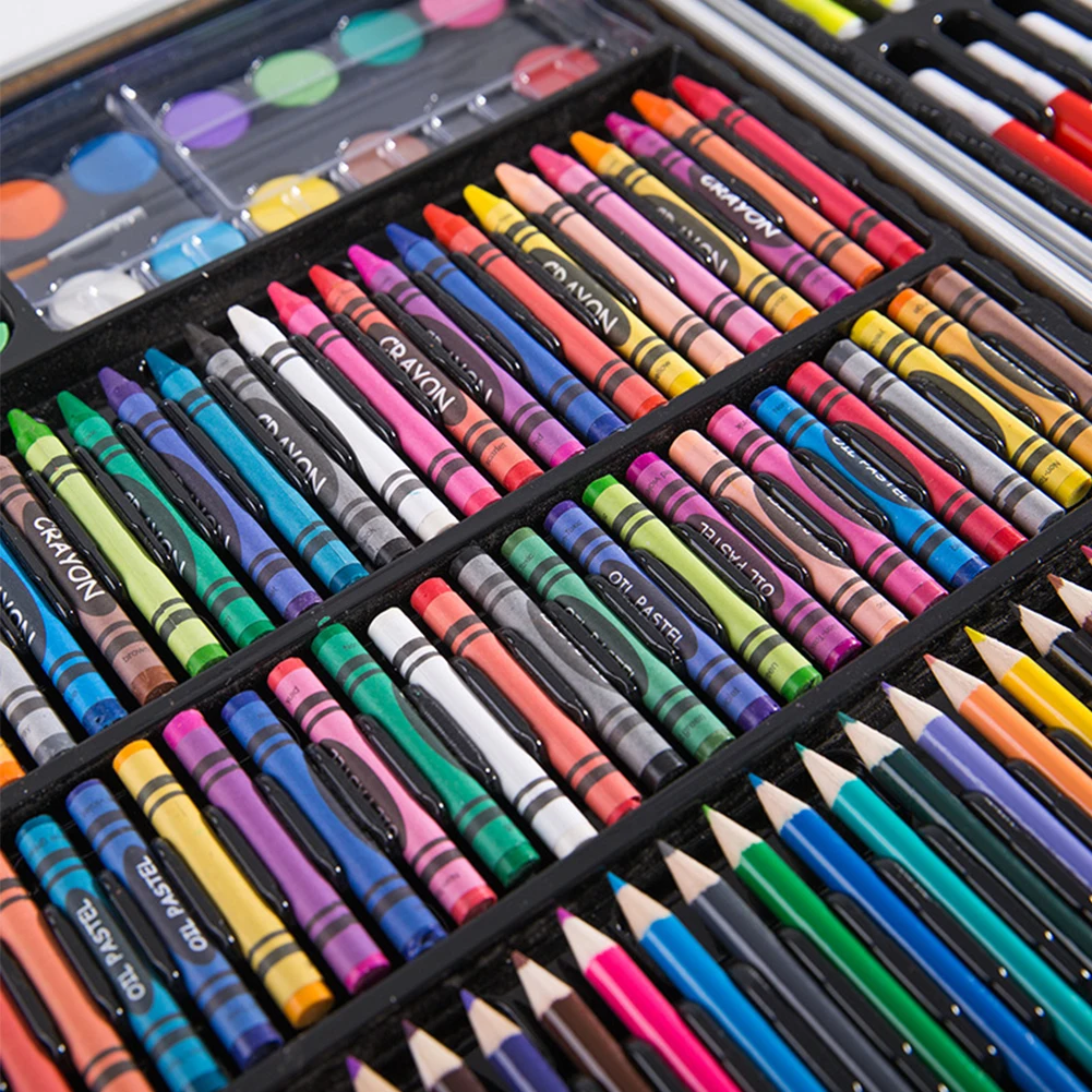 150 pcs/студенту, набор для рисования Рисование школьная художника поставки Алюминий коробка для детей подарок на день рождения, цветные карандаши, акварель кисти