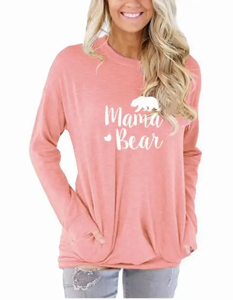 pink Mama Bear однотонная повседневная женская футболка осень зима длинный рукав карманы o-образный вырез женская футболка Топ Хлопок размера плюс Прямая поставка - Цвет: pink