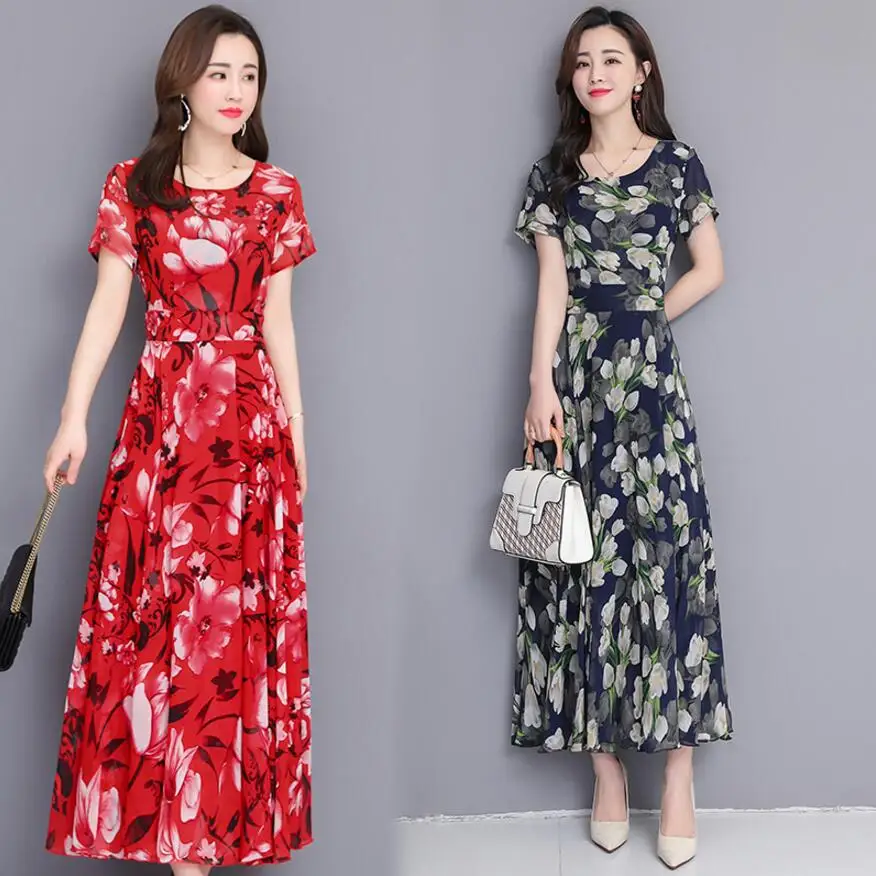 

Bohemia Dress Beach 2019 Summer New Arrivals Women Chiffon Dresses Maxi O-Neck Slim Ladies Chiffon Print Long Dress Plus Size