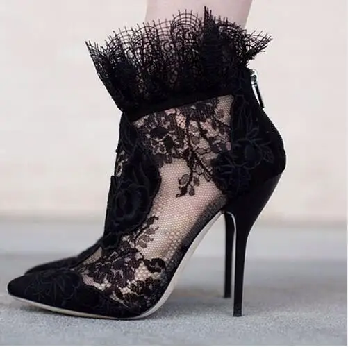 

Fashion Women Pointed Toe Booties Sexy Black Lace Ankle Boots Back Zipper High Heels Boots Female Dress Shoes