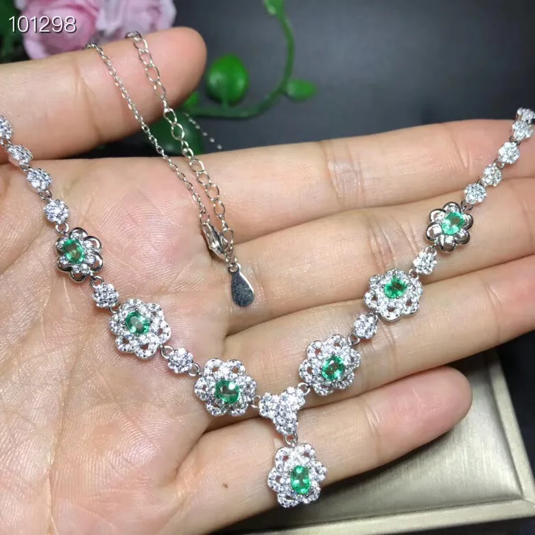 Uloveido Зеленый Изумрудный цветок кулон ожерелье для женщин, 925 пробы Серебряный Драгоценный Камень прекрасное ожерелье кулон для девочек FN352