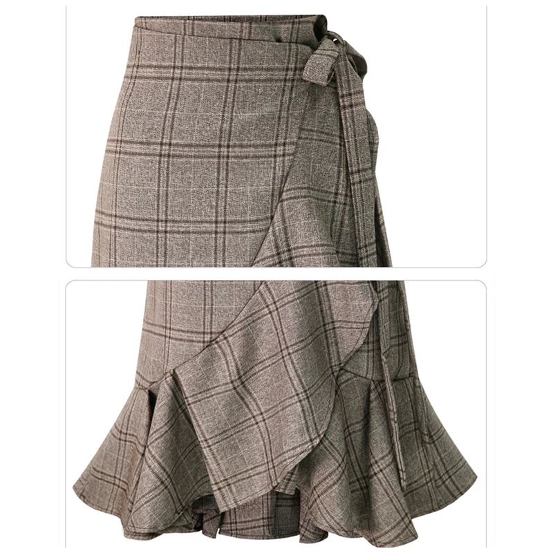 Newest Women High Waist Plaid Trumpet Skirts Female Elegant Lace Up Midi Gray Mermaid Skirt Casual winter Clothing For Girl | Женская