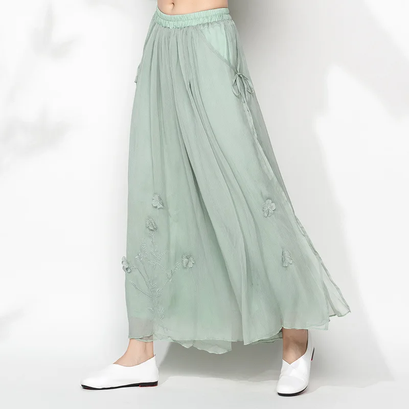 Зеленый Vintage Floral Embroidery Multi-layer Wide Leg Pants Women Loose Chiffon Skirt Trousers 4 Color plus size Slacks pantalones - Цвет: Зеленый
