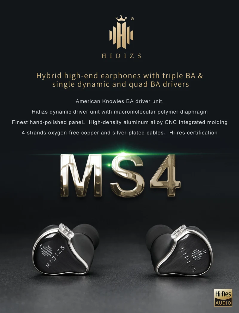 HIDIZS Русалка MS4 HIFI аудио 4 драйвера Гибридный тройной 3 Ноулз BA+ 1 DD в ухо монитор наушники IEM 2 Pin 0,78 мм детахаб