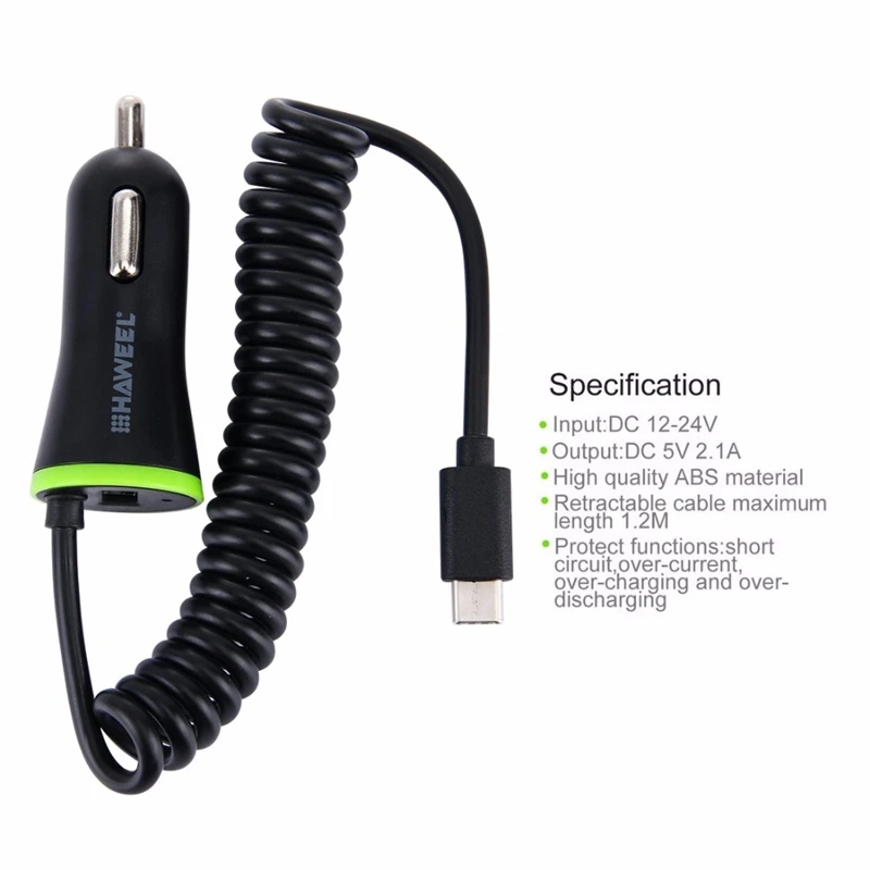 HAWEEL 2.1A Универсальный Выдвижной USB 3,1 type-c и USB 2,0 автомобильное зарядное устройство кабель для Google, LG, microsoft