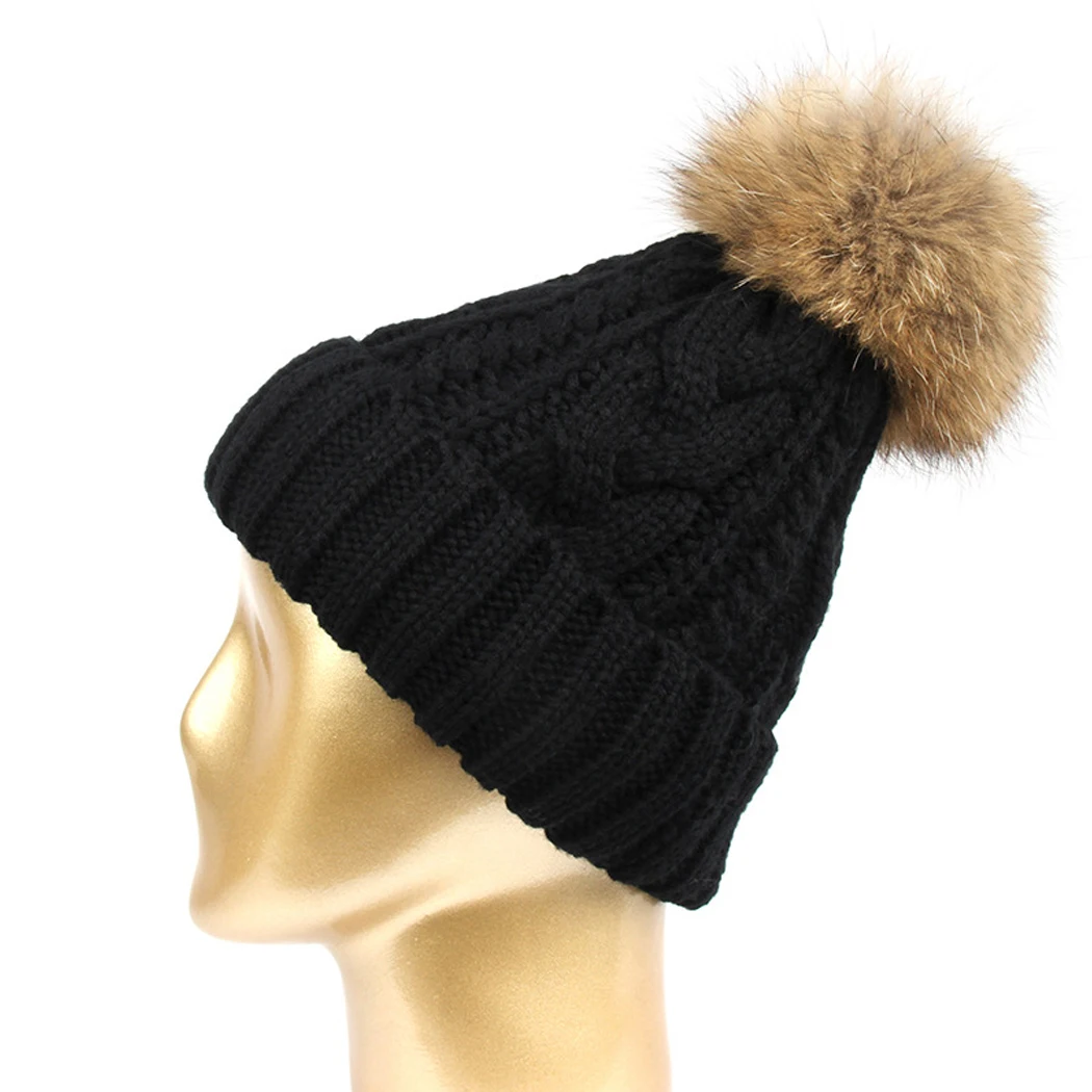 Женская шапка в стиле хип-хоп мяч из натурального меха енота помпоны вязаная