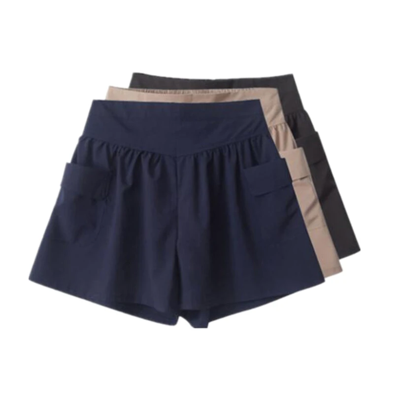 

INDJXND Summer Elastic Waist Short Women Wide Leg Female Casual Loose Ladies Khaki Army Green Navy Pocket Stitchititching Bottom