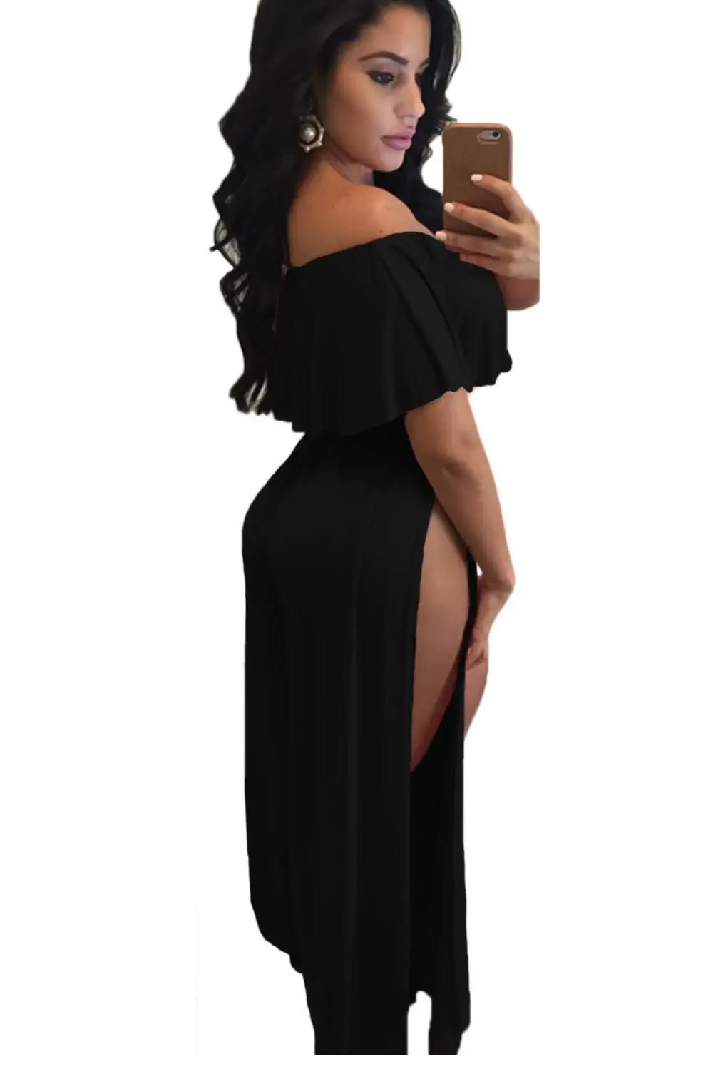 Розовый Рябить С Плеча Высокого Щелевая Широкую Ногу Партия Комбинезон|jumpsuit