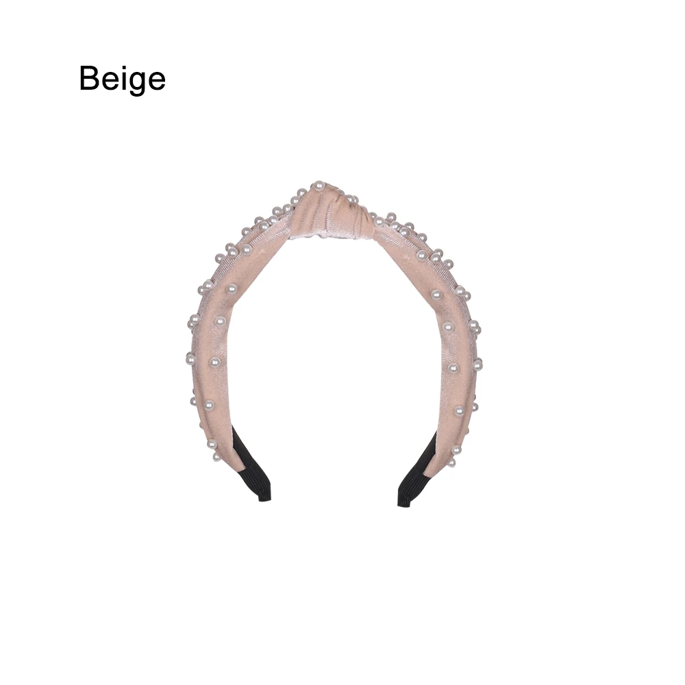 Beige Богемский сплошной цвет мягкий бархат центр вязать широкая повязка с жемчугом обруч на волосы, завязанный бантом аксессуары для волос Инструменты для укладки - Цвет: Beige