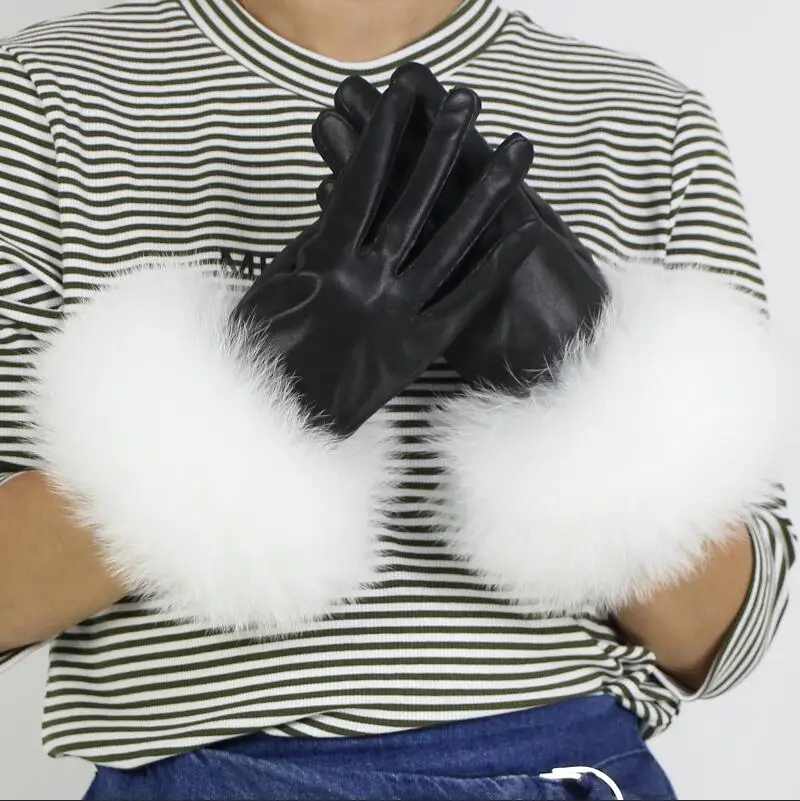 black white fur Женские перчатки из натуральной кожи, зимние теплые перчатки из натуральной овчины и лисьего меха, модный стиль, натуральный Пушистый Лисий Мех* harppihop - Цвет: black white fur