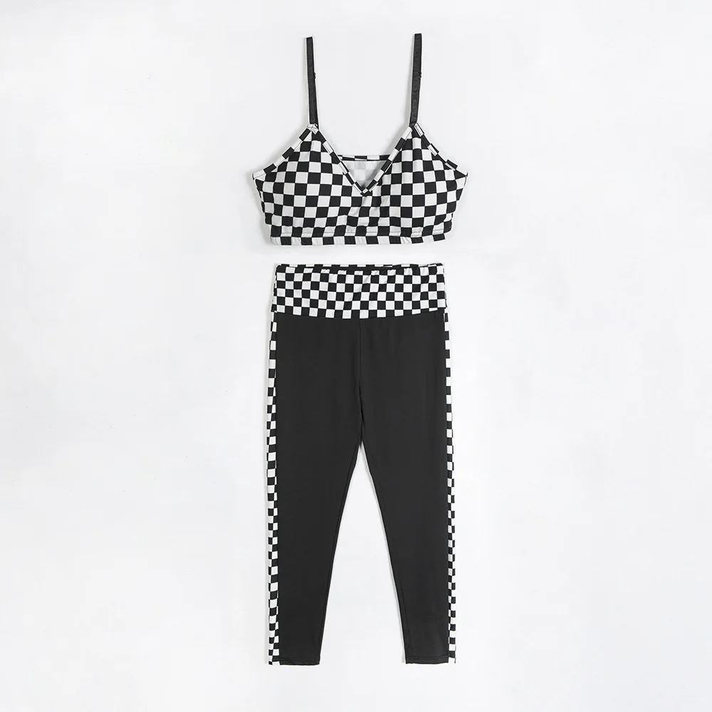2018 клетчатые Фитнес костюм Для женщин комплект из 2 частей Костюмы Спортивная