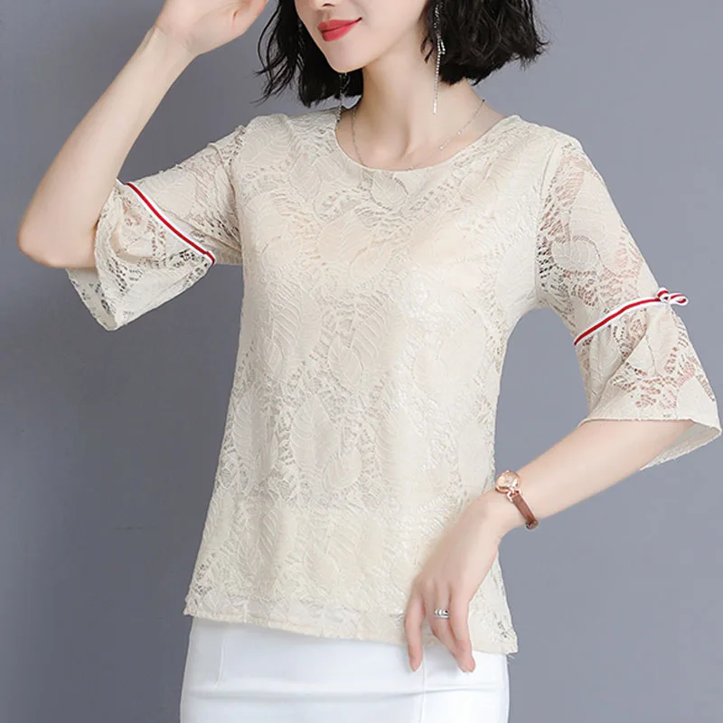 

New Seven-Quarter Sleeve Lace Chiffon Shirt Lady 2021 Summer Office Lady Casual Plus Size Solid O-Neck Womens Tops 4793 50