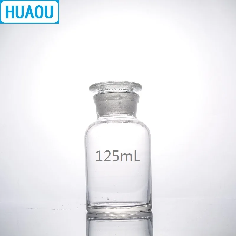 HUAOU 125mL Wide Mouth Reagent Bottle Transparent Clear Glass with Ground in Glass Stopper Laboratory Chemistry Equipment