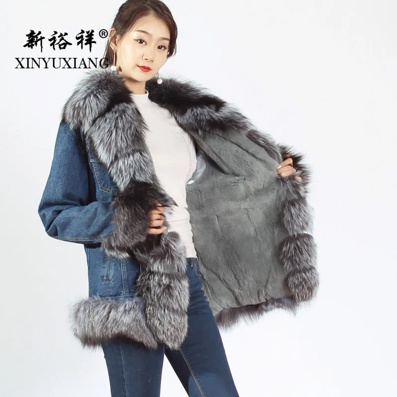 XINYUXIANG 2018 модные серые джинсовые куртки с натуральным лисьим мехом верхняя одежда