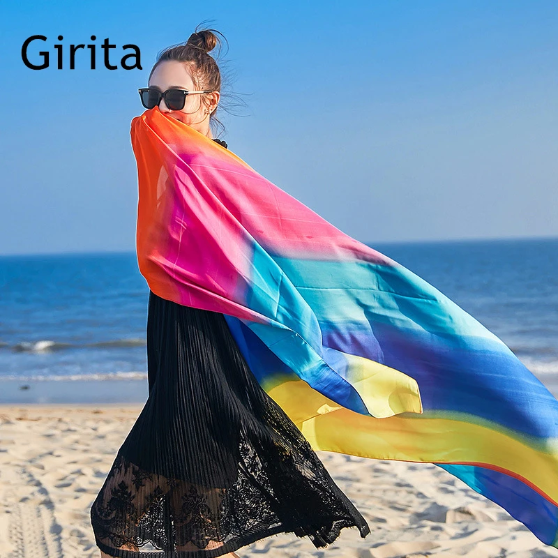 Новинка весна осень 2019 женский шелковый шарф длинный с рисунком пляжный Радужный