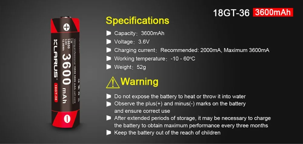 2 шт KLARUS 18650 3600mAh 18GT-36 3,6 V литий-ионная батарея Высокая производительность 18650 li батарея