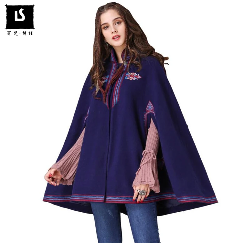 

Europe High Quality Cloak Coat New Wool Vintage Flower embroidery Woolen Overcoat Ladies Elegant Autumn Winter Loose Coats Women