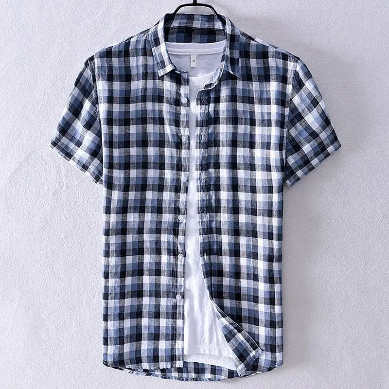 Мужские льняные рубашки с коротким рукавом повседневные мужские в клеточку