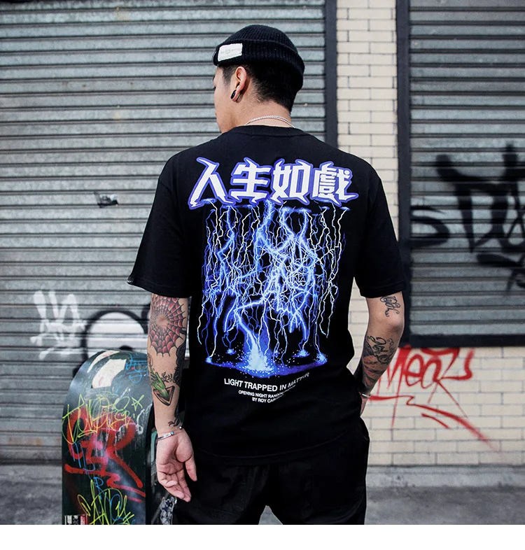 Men Hip Hop T Shirt Lightning Print T-Shirt Streetwear Chinese Letter Tshirt Oversized Harajuku Summer Tops Tees Cotton New