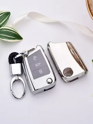 silver with keychain ТПУ чехол для ключей, брелок для VW Polo Golf 7 Tiguan для Skoda Octavia Kodiaq Karoq для сиденья Ateca Leon Ibiza - Название цвета: silver with keychain
