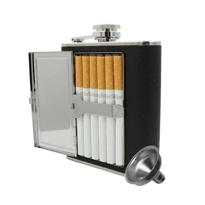 Multifunctional Portable Stainless Steel Flask Cigarette Box Travel Whiskey Alcohol Wine Bottle Fashion Jug Men Mini Bottle 6 oz