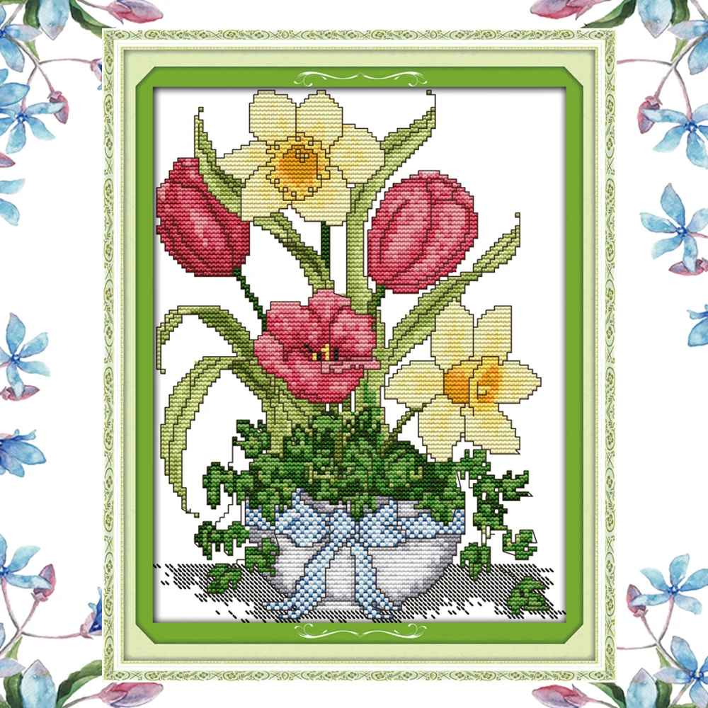 NKF Spring flower vase style needlework embroidery set handcraft modern wedding cross stitch patterns for home decoration | Дом и сад