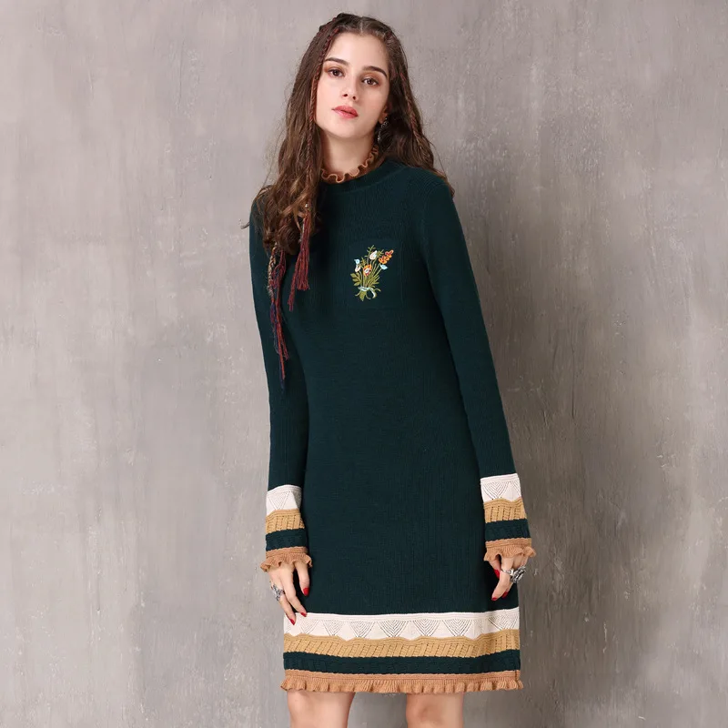 LARCI Для женщин платья 2018 Boho новый хлопок и шерсть Vestidos стенд воротник цветок