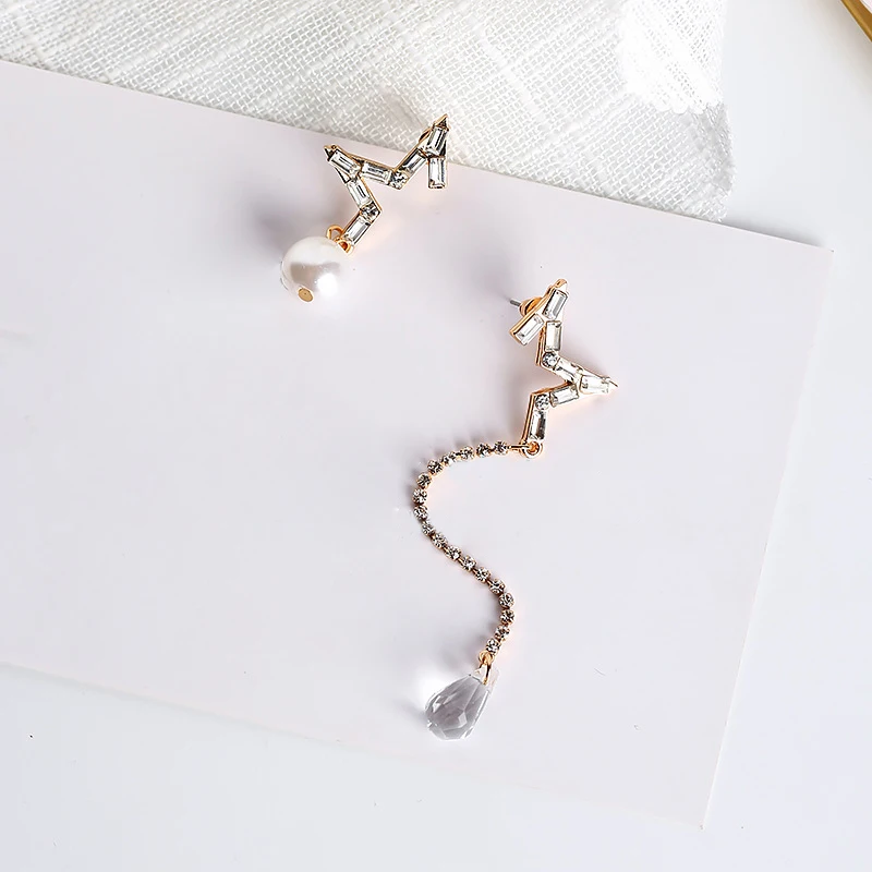 JZTOP Star Crystal Stud Earrings Imitation Pearl Rhinestone Five Pointed Asymmetrical For Woman Oorbellen Jewelry | Украшения и