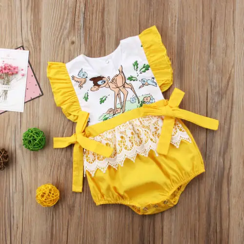Новинка лета 2018 желтый комбинезон для новорожденных с оленем милый кружевной