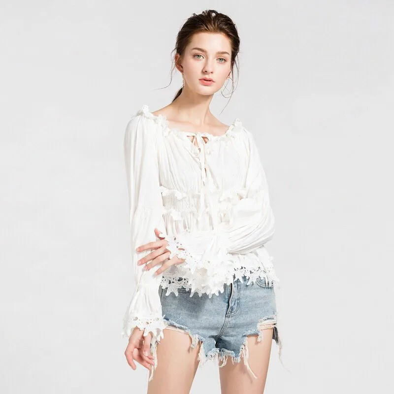 Runway Women's Blouses Sexy Off Shoulder Lace Puff Long Sleeves 2018 Autumn Female Designer Ruffles Shirts Slim Top High Quality | Женская