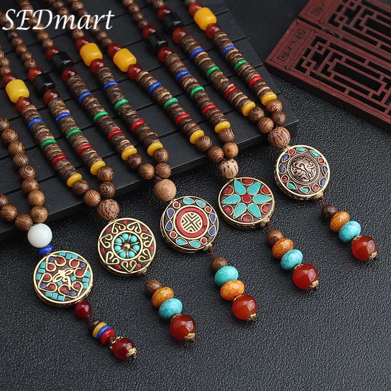 SEDmart Retro Ethnic Wood Lotus Buddha Beads Pendant Necklaces Women Nepalese Mantra Wooden/Glass Beaded Sweater Necklace Gifts | Украшения