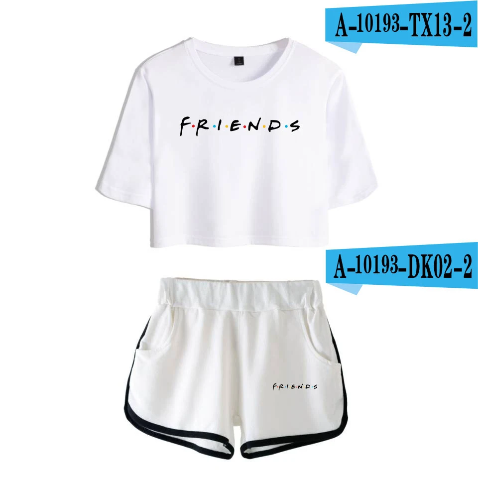 white white LUCKYFRIDAYF друзья Мода как вы делаете летние шорты и футболки женские комплекты из двух предметов поп-кроп-топ повседневная одежда - Цвет: white white