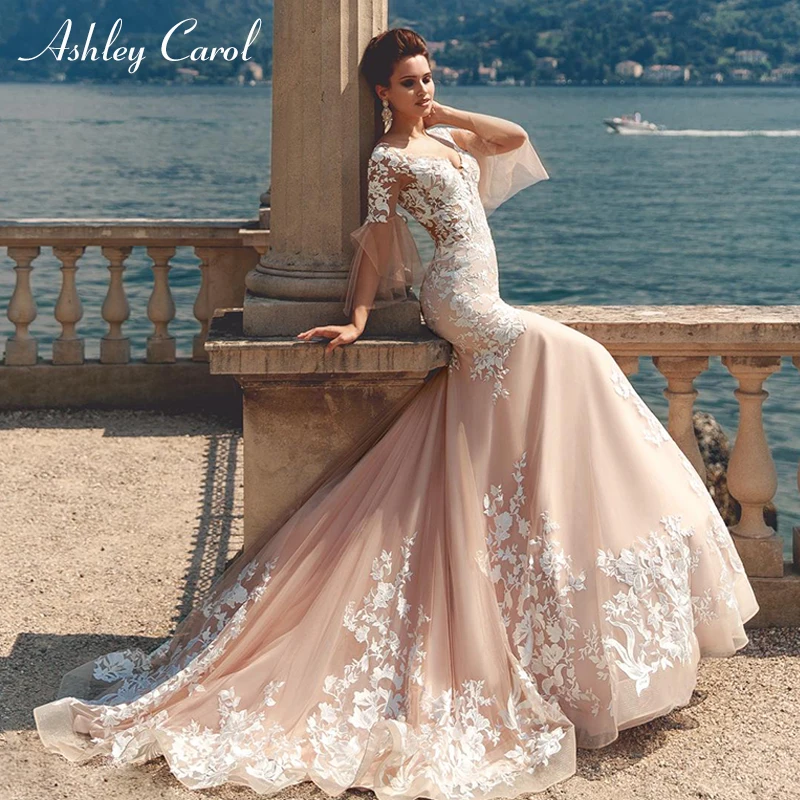 Ashley Carol, винтажное свадебное платье русалки,, сексуальное, v-образный вырез, рукав-фонарик, для корта, поезд, романтическое платье невесты, свадебное, вуаль, на заказ