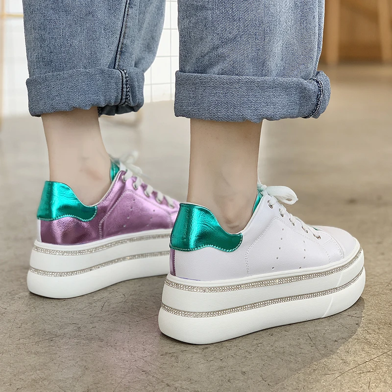 Rimocy high platform chunky sneakers women autumn winter 2019 thick bottom gold laser mix color casual shoes woman zapatos mujer | Обувь