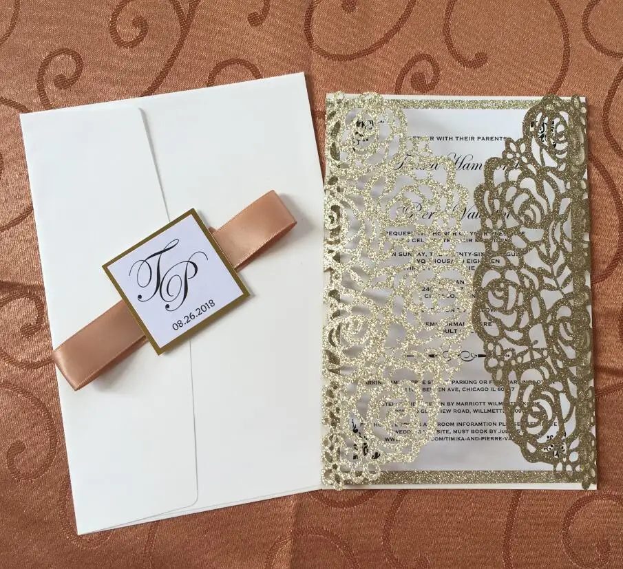 Customize printed Блестки по заказу золотые свадебные пригласительные открытки, лазерная обработка на заказ Пригласительные открытки, 50 шт., экспресс - Цвет: Customize printed
