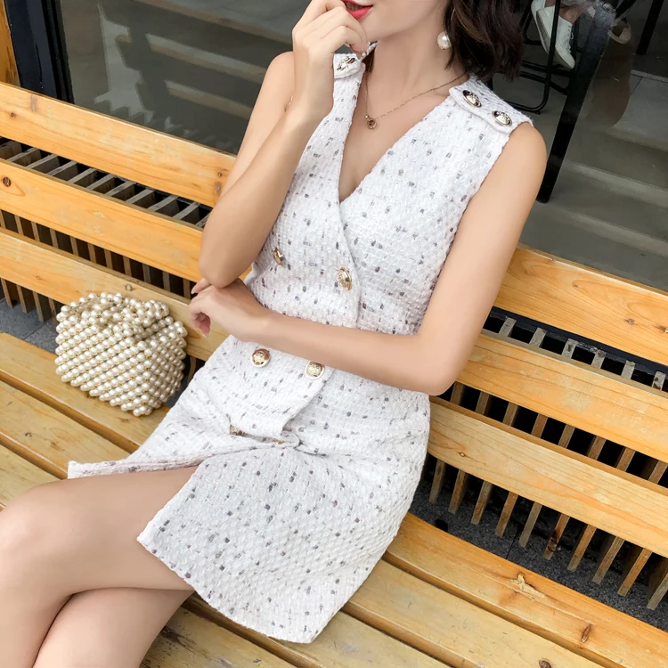 2018 Newest Fashion Design Brand Tweed Dress Lady Sleeveless Slim Women Double-breasted White Elegant Casual Woolen Mini Dresses | Женская