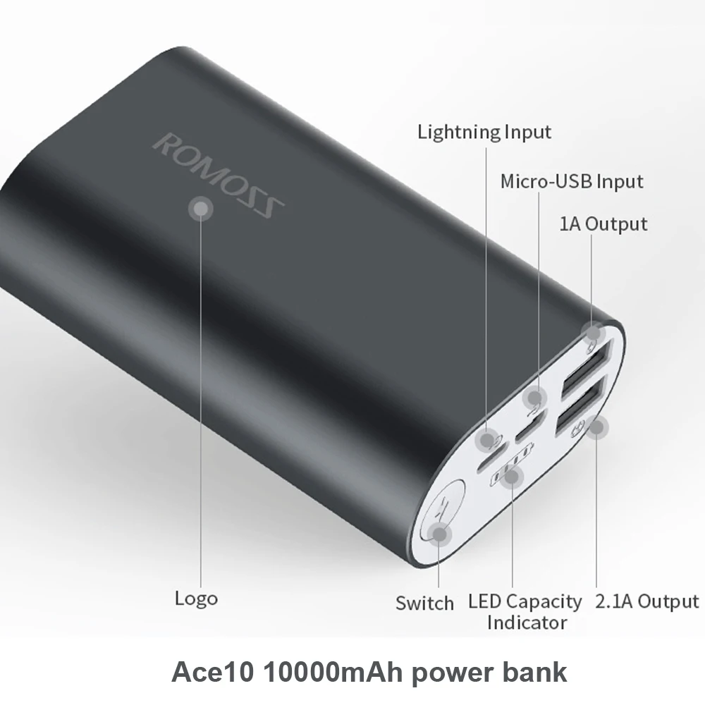 ROMOSS power Bank 10000 мАч ACE10 внешний аккумулятор алюминиевый сплав power Bank A10 зарядное устройство для iphone huawei Xiaomi iosx