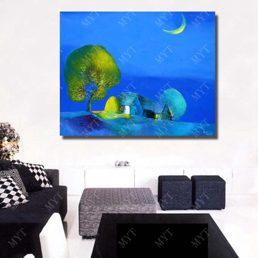 Village night scenery hand paint wall art painting modern canvas landscape oil reproduction | Дом и сад