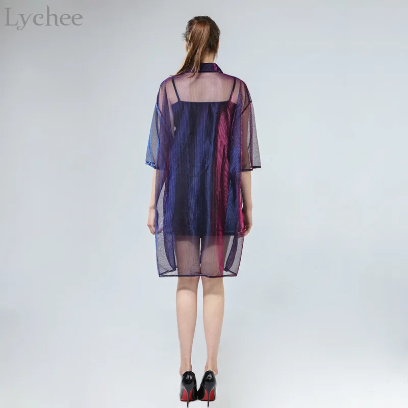 Lychee Летняя женская блузка Прозрачная сетка Лазерная Солнцезащитная полурукав рубашка Топы