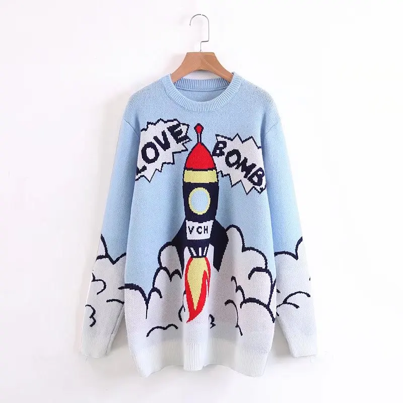 Jenny&ampDave BTS sweater women 2018 high street o-neck batwing oversize loose rocket and letter Jacquard weave pullovers top | Женская