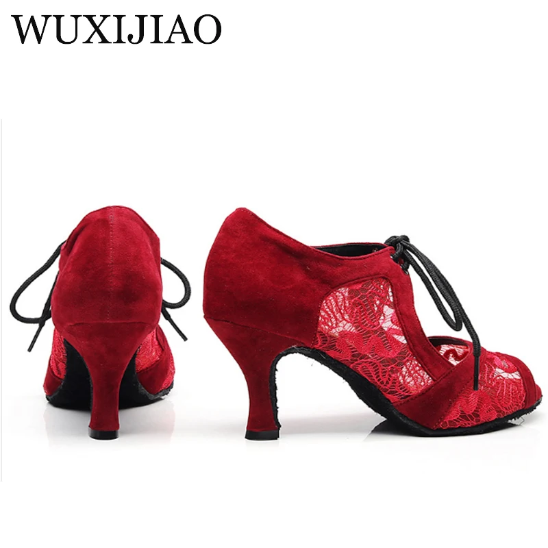 WUXIJIAO/кружевные туфли для латинских танцев; цвет красный, черный; женская Обувь для бальных танцев; обувь для сальсы и выступлений; Танцевальная обувь на каблуке 8,5/10 см