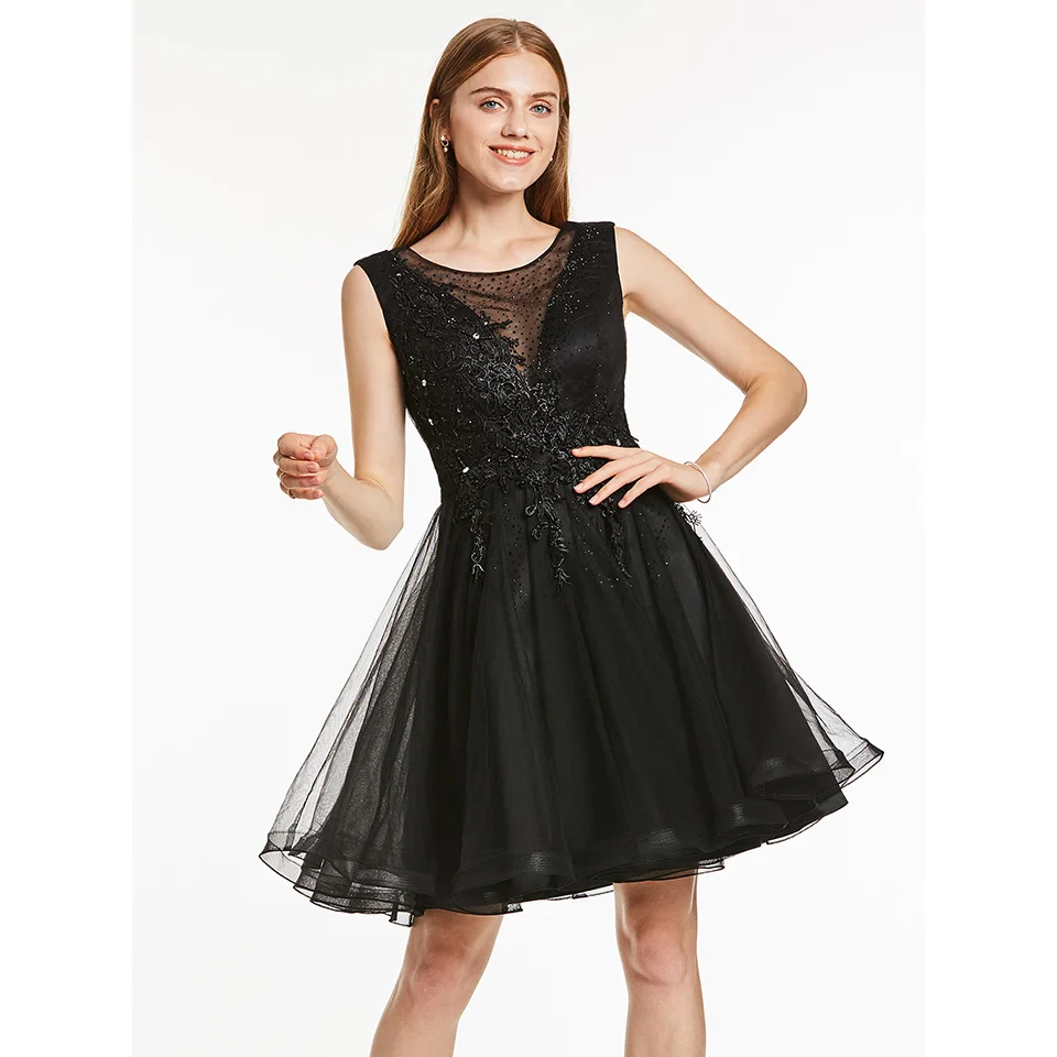 Black Dressv appliques cocktail dress dark navy scoop neck sleeveless knee length a line beading homecoming short cocktail dresses - Цвет: Black